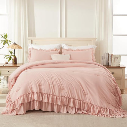 Andency Blush Twin Size Comforter Set(66x90Inch), 2 Pieces Farmhouse Shabby Chic Ruffle Comforter Set for Kids, Lightweight Fluffy All Season Soft Polyester Bedding Set