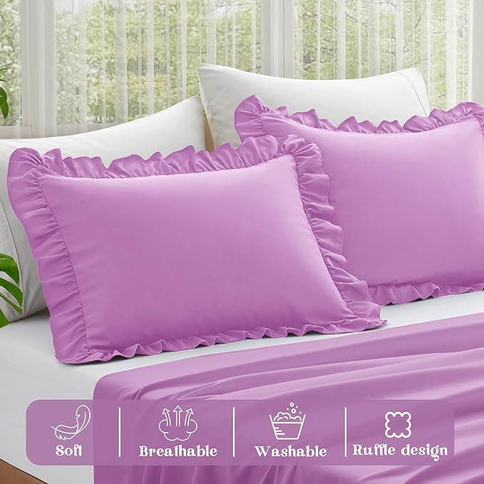 KKJIAF Ruffle Pillow Cases King Size Set of 2, Ruffled Pillow Covers with Envelope Closure, Wrinkle Resistant Ruffled Pillow Shams 20" x 36", Lavender