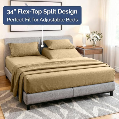 Flex Top Split Head King 4 Piece Sheet Set - Comfy Breathable & Cooling Bed Sheets Set - Hotel Luxury Bedding for Women, Men, Kids, Teens, Boys & Girls - Deep Pockets, Soft - Oeko-Tex - Heathered Tan