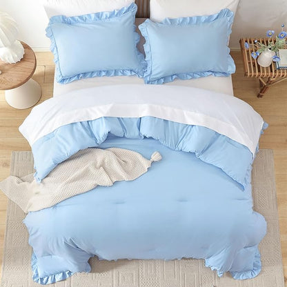 JANZAA Ruffle Light Blue Comforter Set King Size Comforter 3PCS 1 Emerald Comforter and 2 Pillowcases Vintage Farmhouse Shabby Chic Bedding Soft Fluffy Comforter Set All Season (Light Blue, King)