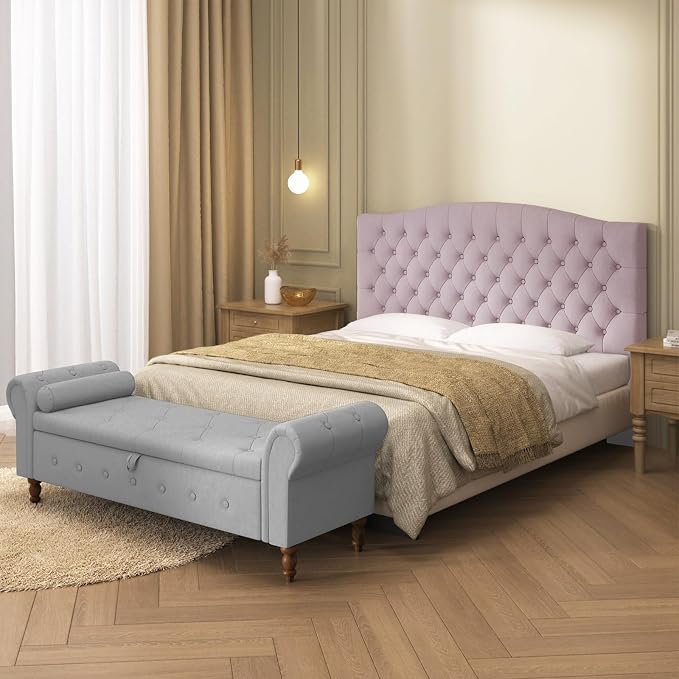 Furpopup Velvet Queen Size Headboard Only, Upholstered Wall Mount, Pink | 2 ways to use:Wall-mounted (for adjustable bed) and bed frame mounted, Easy to assemble, Classic button design headboard