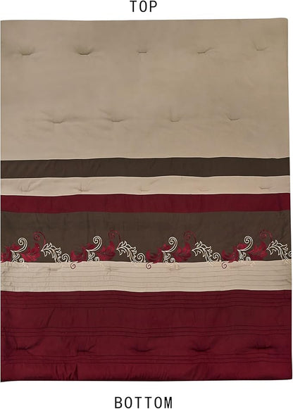 Chezmoi Collection Napa 7-Piece Luxury Leaves Scroll Embroidery Bedding Comforter Set (Queen, Burgundy/Taupe/Brown)