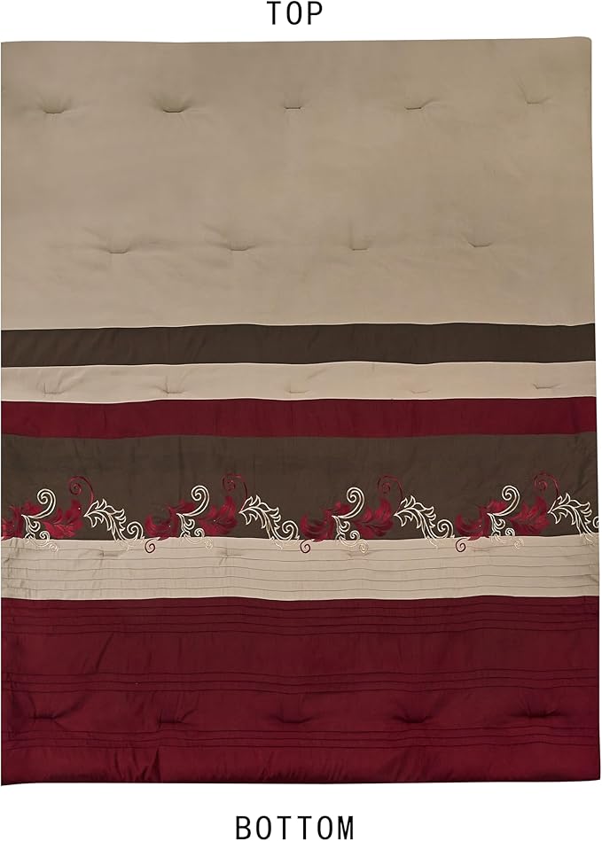 Chezmoi Collection Napa 7-Piece Luxury Leaves Scroll Embroidery Bedding Comforter Set (California King, Burgundy/Taupe/Brown)