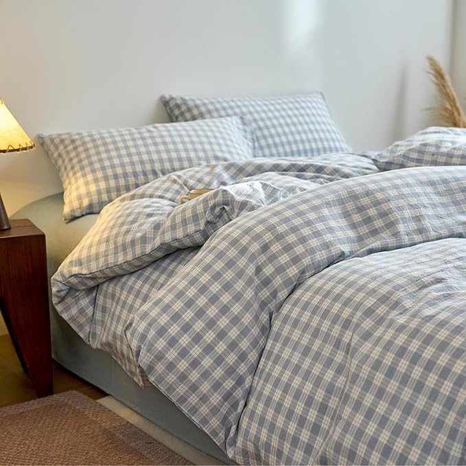 LifeTB Blue Gingham Duvet Cover Twin 3 Pieces Blue White Plaid Checkered Comforter Cover 100% Washed Cotton Farmhouse Grid Bedding Set Breathable Gingham Plaid Duvet Cover Dorm Bedding Set