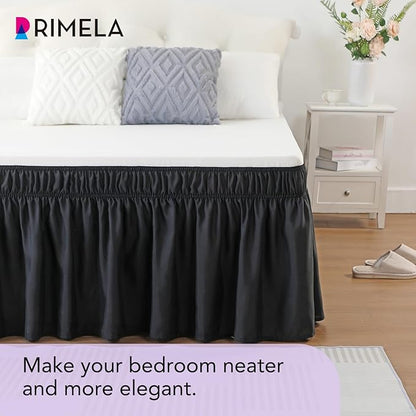RIMELA Black King Size Bed Skirt 12 Inch Drop, Elastic Bed Skirts Cal King Dust Ruffle, Black Bedskirt for Adjustable Bed Base Solid Fade Resistant Silky Fabric Machine Washable Easy to Install