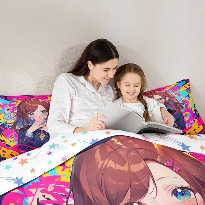 Erosebridal Anime Girl Queen Bedding Set, Japanese Anime Comforter Set 3 Piece for Kids Girls Teens Adult Bedroom Decor, Cartoon Girl Quilt Kawaii Japanese Animation Bedding Comforter Sets