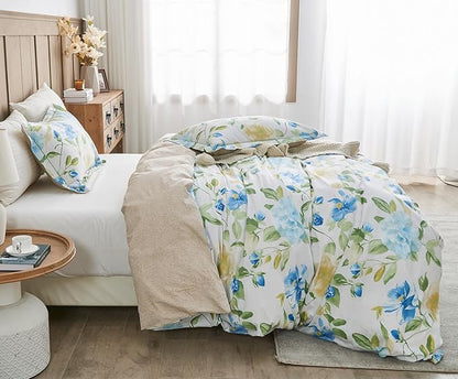SLEEPBELLA Duvet Cover King, 600 Thread Count Cotton 3pcs Bedding Set Blue Flowers and Green Leaves Printed on White Reversible Comforter Cover