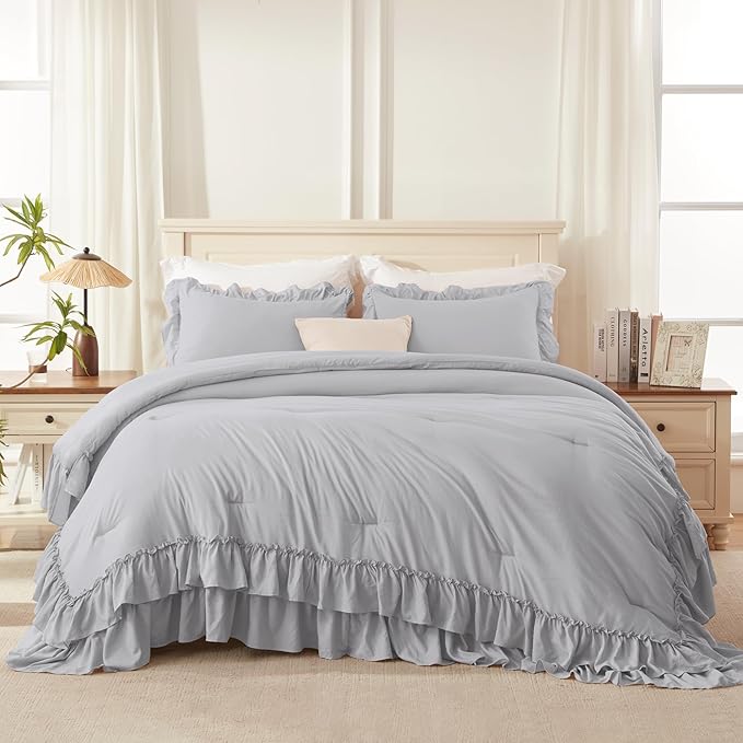Andency Light Gray Ruffle Comforter Set King, Shabby Chic Farmhouse Bedding Comforter, Soft Lightweight Fluffy Polyester Bet Set All Season 3 Pieces Solid Comforter Set