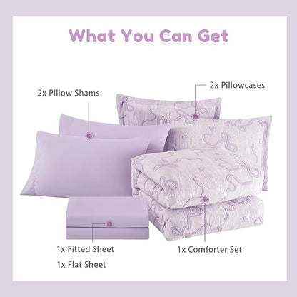 Geniospin Light Purple Queen Comforter Set for Girls- 7 Pieces Bowknot Jacquard Bed in A Bag Queen Bedding Sets with Sheets, Pillowcases & Shams, All Season Kids Comforter Set