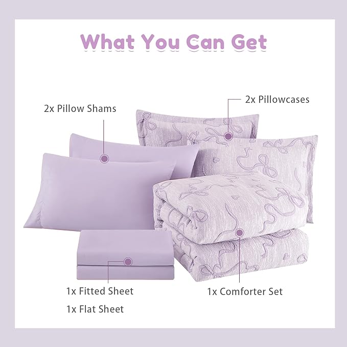 Geniospin Light Purple Full Comforter Set for Girls- 7 Pieces Bowknot Jacquard Bed in A Bag Full Bedding Sets with Sheets, Pillowcases & Shams, All Season Kids Comforter Set