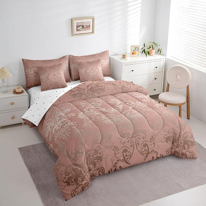 Erosebridal Gothic Damask Bed in a Bag King Size Comforter Set 7 Pieces,Butterfly Skull Bedding Sets Light Pink Victorian Floral Goth Sheet Set with Comforter