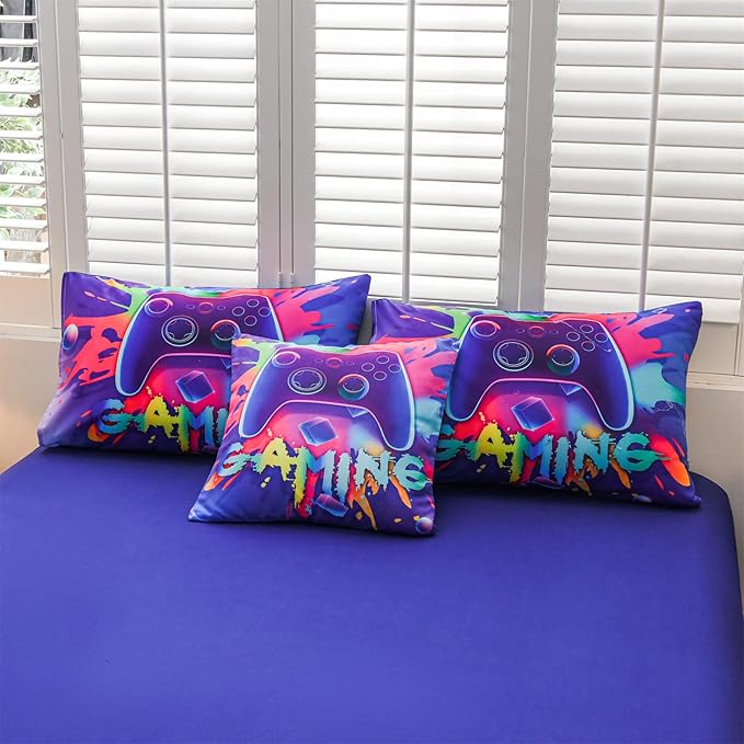 Aimuan Gaming Comforter Sets for Boys Kids Bedding Sets Video Games Console Action Buttons Novelty Colorful Game Gamepad Controller Modern Gamer Room Decor Home Quilt Set (Queen 6 Pcs,Purple)