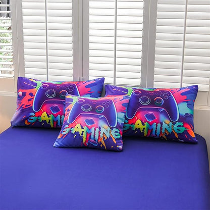 Aimuan Gaming Comforter Sets for Boys Kids Bedding Sets Video Games Console Action Buttons Novelty Colorful Game Gamepad Controller Modern Gamer Room Decor Home Quilt Set (Queen 6 Pcs,Purple)