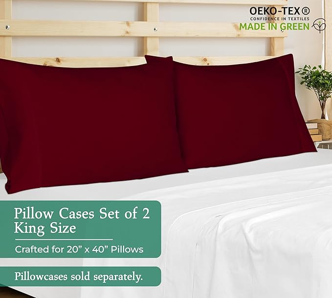 Royale Linens King Pillowcase Set of 2 - Bed Pillow Cover - 20" x 40" - Red Pillowcases - 1800 Brushed Microfiber, Wrinkle & Fade Resistant - Soft & Cozy- King Size Pillow Case (Burgundy)