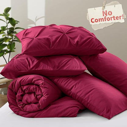 VACVELT 5 Piece Pinch Pleated Duvet Cover Full/Queen Size Set, Burgundy Pintuck Duvet Cover with Zipper & 8 Ties, Shabby Chic Microfiber Duvet Cover + 2 Pillow Shams + 2 Pillowcases, No Comforter