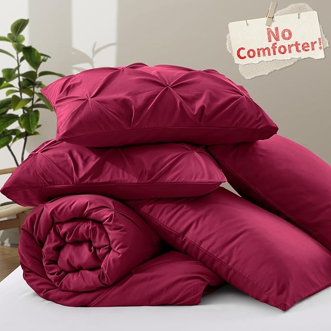 VACVELT 5 Piece Pinch Pleated Duvet Cover King Size Set, Burgundy Pintuck Duvet Cover with Zipper & 8 Ties, Shabby Chic Microfiber Duvet Cover + 2 Pillow Shams + 2 Pillowcases, No Comforter