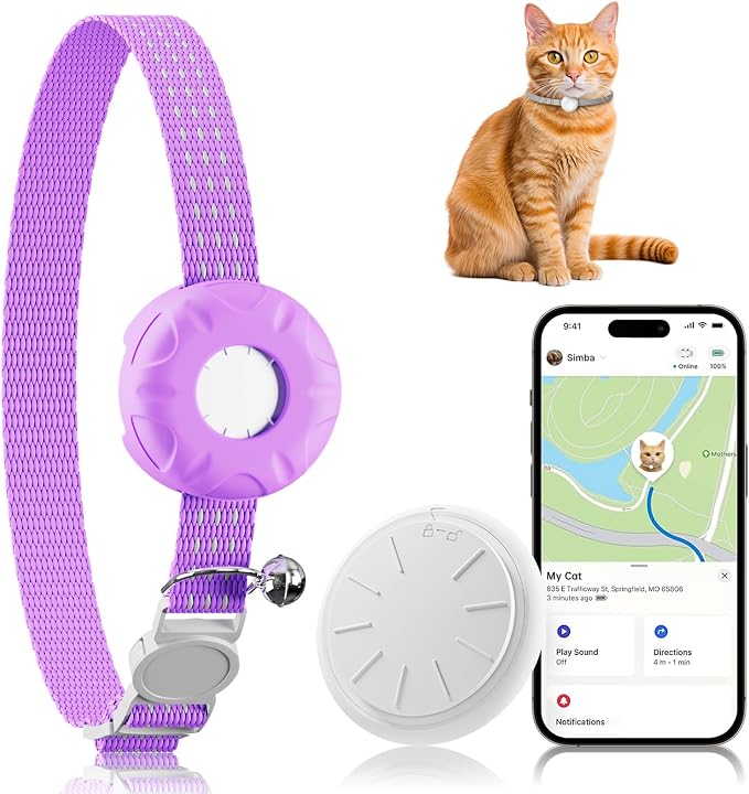 GPS Tracker for Cats-No Monthly Fee,Cat Tracker Compatible with Apple Find My App (Only iOS), Waterproof Pet Tracker,Real-Time Cat Trackers Collar for Pets,Kids,Luggage | 367-Day Battery Life|(Purple)