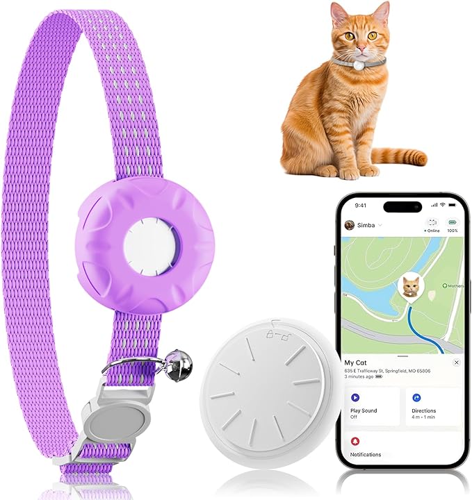 Cat Tracker, No Monthly Fee GPS Tracker, Compatible with Apple Find My App(Only iOS), Waterproof Cat Trackers Collar with Bell and Safety Elastic Buckle, Real-Time Location, Pet Trackers, Purple