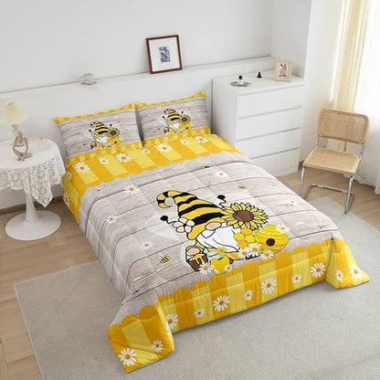 Erosebridal Bee Gnome Comforter Set King, Sunflower Daisy Floral Bedding Set for Kids Boys Girls, Honeycomb Honey Can Duvet Set Home Room Decor, Yellow Farm Cartoon Soft Down Comforter 3 Pcs