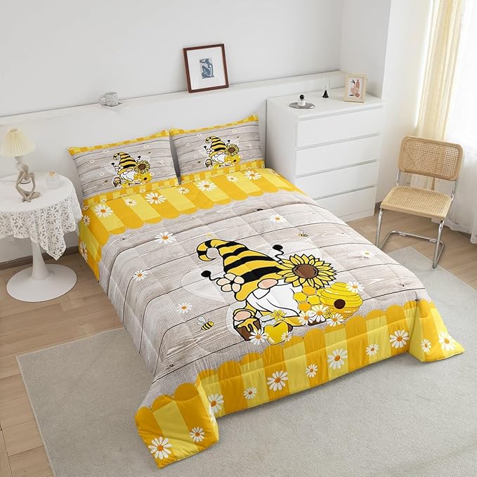 Erosebridal Bee Gnome Comforter Set Twin, Sunflower Daisy Floral Bedding Set for Kids Boys Girls, Honeycomb Honey Can Duvet Set Home Room Decor, Yellow Farm Cartoon Soft Down Comforter 2 Pcs