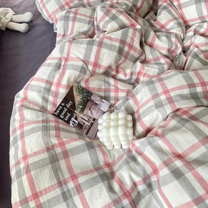 EAVD Vintage Style Plaid Duvet Cover Twin Grey Pink Grid Soft 100% Washed Cotton Reversible Bedding Set Farmhouse Grid Checkered Bedding Set with 2 Pillowcases Modern Gingham Duvet Cover with Zipper