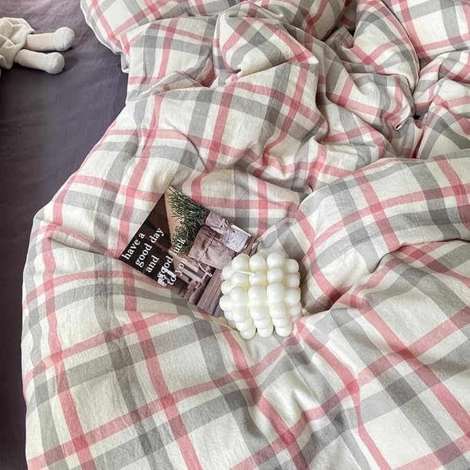 EAVD Vintage Style Plaid Duvet Cover King Grey Pink Grid Soft 100% Washed Cotton Reversible Bedding Set Farmhouse Grid Checkered Bedding Set with 2 Pillowcases Modern Gingham Duvet Cover with Zipper