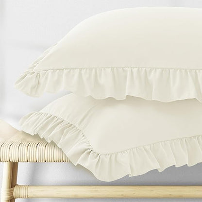 KKJIAF Ruffle Pillow Cases Queen Size Set of 2, Ruffled Pillow Covers with Envelope Closure, Wrinkle Resistant Ruffled Pillow Shams 20" x 30", Beige