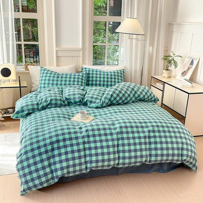 FACE TWO FACE Bedding Duvet Cover Set100% Washed Cotton Duvet Cover Linen Like Textured Breathable Durable Soft Comfy (King, Blue Green Grid)