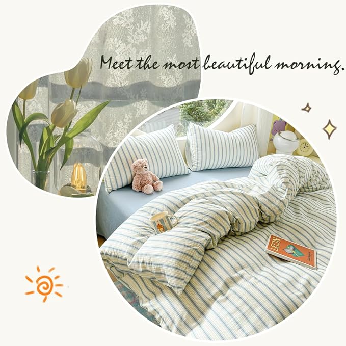 EAVD Vintage Striped Duvet Cover Queen Soft 100% Muslin Cotton Linen Feel Gauze Farmhouse Blue Vertical Striped Pattern Bedding Set for Men Women Reversible Geometric Duvet Cover with Zipper Closure