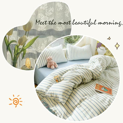 EAVD Vintage Striped Duvet Cover Queen Soft 100% Muslin Cotton Linen Feel Gauze Farmhouse Blue Vertical Striped Pattern Bedding Set for Men Women Reversible Geometric Duvet Cover with Zipper Closure