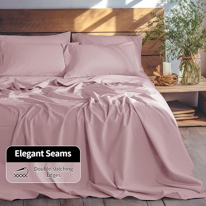 LBRO2M 100% Pure Linen Sheet Set Deep Pocket Up to 16" Bed Sheets Sets, Natural Flax Beddings Soft, Breathable, Comfortable for All Seasons 6 Pcs Sheet Set Cal King Size, Embroidery Purple