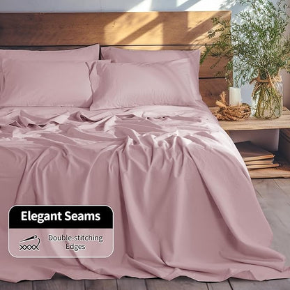 LBRO2M 100% Pure Linen Sheet Set Deep Pocket Up to 16" Bed Sheets Sets, Natural Flax Beddings Soft, Breathable, Comfortable for All Seasons 6 Pcs Sheet Set Cal King Size, Embroidery Purple
