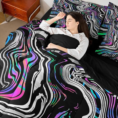 Castle Fairy 7 Pcs Neon Stripes Bedding Sets with Comforter,Flat & Fitted Sheet,Pillowcases,Pillow Covers Hippie Street Art Decorative Comforter Set for Kids Teens Adults Bedroom Dorm Bed Set King