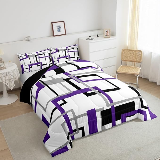 Erosebridal Purple Grey Black Square Bedding Set for Kids Boys Girls,Geometric Comforter Set Queen,Abstract Grid Pattern Down Comforter,Modern Abstract Art Quilted Duvet with 2 Pillowcases