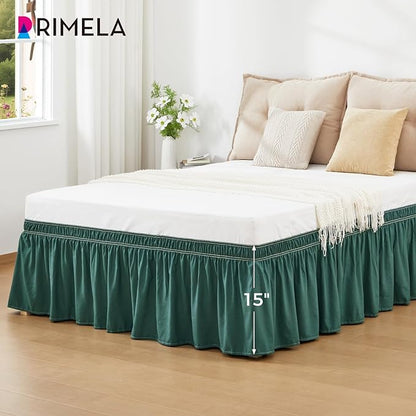 RIMELA Emerald Green Bed Skirt Queen Size 15 Inch Drop, Wrap Around Elastic Bedskirt, Dust Ruffle for Adjustable Bed Base Machine Washable Easy to Install Bed Skirts,Christmas Bedroom Decor