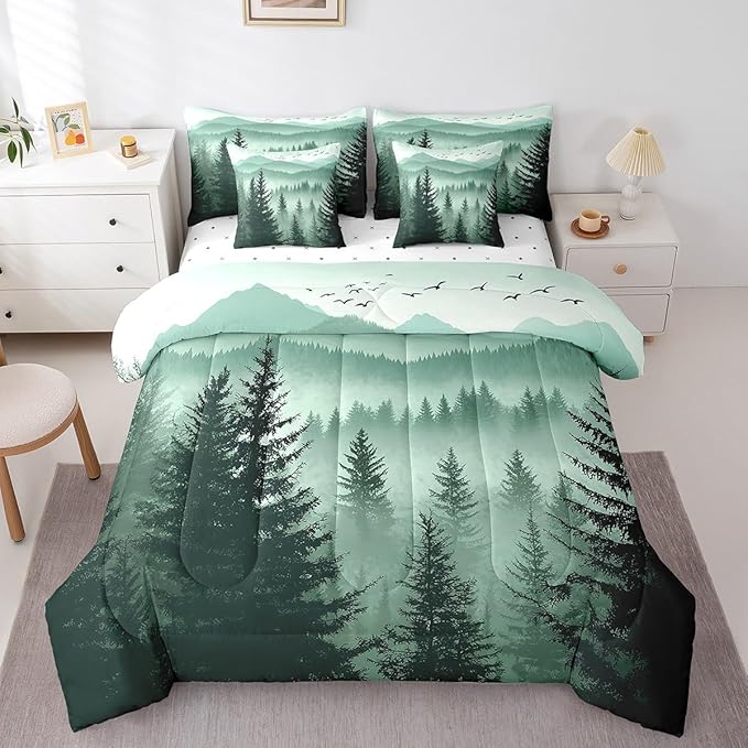 Erosebridal Olive Green Full Comforter Set with Sheets 7 Piece Mountain Pine Tree Forest Bed in A Bag Rustic Woodland Nature Landscape Bedding Sets for Kids Adults,Soft Lightweight Bed Set