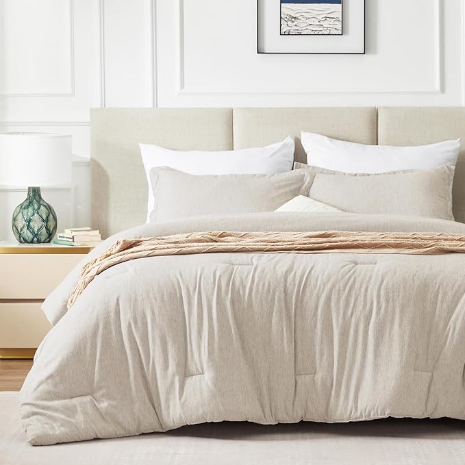 CozyLux Oversized Queen Comforter Set, 3 Pieces 98x98 Beige Soft Luxury Cationic Dyeing Bedding Set All Season, Breathable Lightweight Bed Sets with 1 Down Alternative Comforter and 2 Pillow Shams