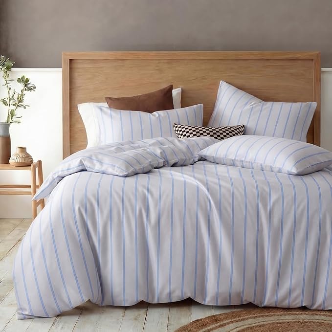 Bedbay Cotton Striped Duvet Cover Set King Size, Grey Blue Striped Bedding, 100% Cotton Sateen, Silky Soft Modern Minimalist 3 Piece Bedding Set for All Seasons