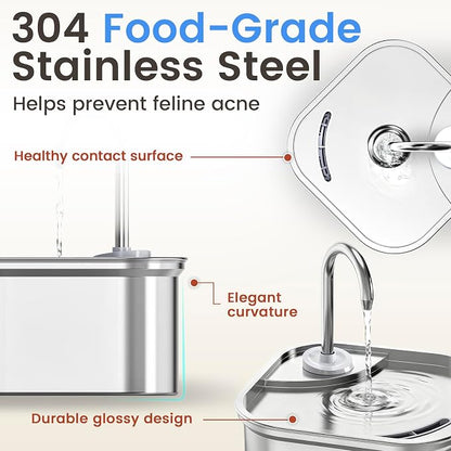 Cat Water Fountain Stainless Steel, 108oz/3.2L with 1 Filter | Auto Shut Off, Quiet Pump, Water Level Indicator, Dry-Run Protection, Large Square Pet Water Dispenser for Cats and Dogs