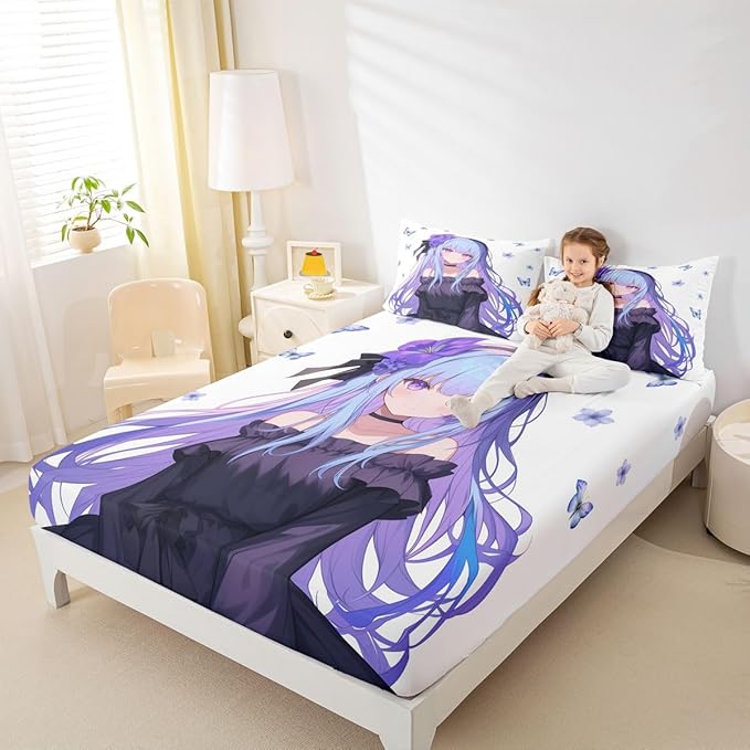 Erosebridal 3D Japanese Anime Girl Bedding Set - Kawaii Decorations Fitted Sheet, Cute Preppy Sheets Queen, 1 Fitted Sheet 2 Pillowcases (No Flat Sheet)