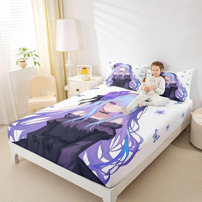 Erosebridal 3D Japanese Anime Girl Bedding Set - Kawaii Decorations Fitted Sheet, Cute Preppy Sheets Queen, 1 Fitted Sheet 2 Pillowcases (No Flat Sheet)