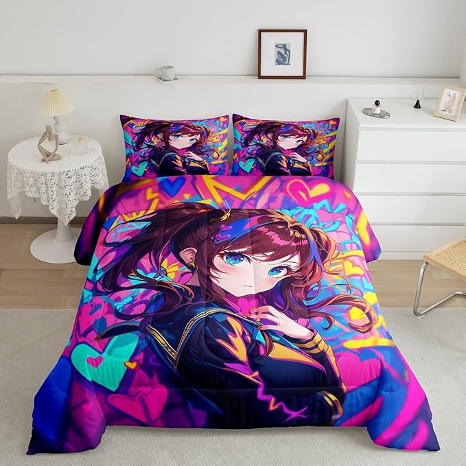 Erosebridal Anime Girl Queen Comforter Set, Japanese Anime Bedding Set for Kids Girls Teens Adult Bedroom, Cartoon Girl Bedding Comforter Sets Kawaii Japanese Animation Quilt 3 Piece, Purple