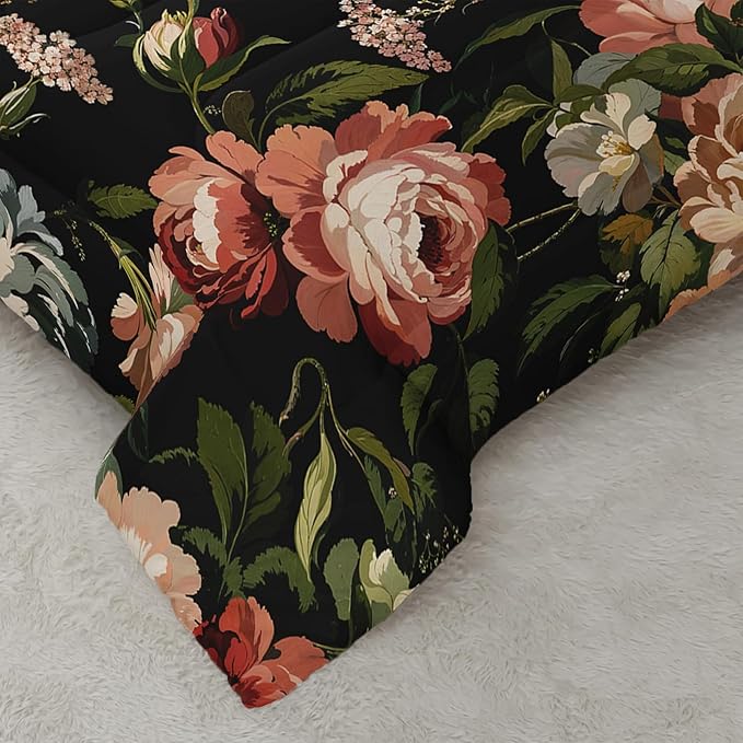 Black Floral Comforter Set Full Colorful Floral Bedding Sets 3PCS for Kids Teen Adult Flowers Leaves Room Decor Ultra-Soft Lightweight Microfiber 1 Comforter with 2 Pillowcases