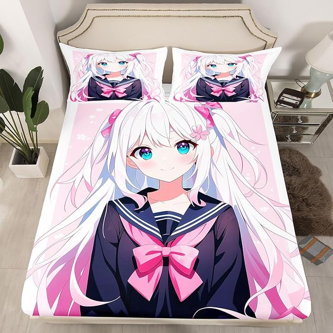 Kawaii Japanese Anime Bedding Set Queen - 3D Style Bed Sheets - Sailor Suit Girl Design - 3 Pieces, No Flat Sheet