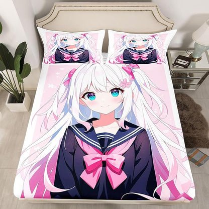 Kawaii Japanese Anime Bedding Set Queen - 3D Style Bed Sheets - Sailor Suit Girl Design - 3 Pieces, No Flat Sheet