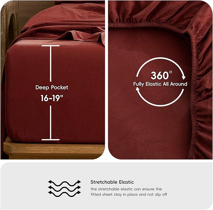 MooMee Fitted Bottom Sheet Only 100% Washed Cotton Linen Like Textured Breathable Durable Soft Comfy Deep Pocket Fits Mattress up to 17" (Solid Fired Brick Red, Queen)