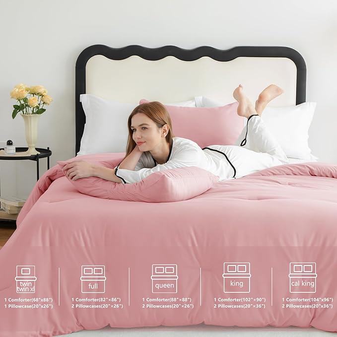 CozyLux Queen Comforter Set Pink, 3 Pieces Solid Comforters Queen Size Breathable Quilted Bedding Sets, Luxury Soft Lightweight Bed Set with Down Alternative Comforter and 2 Pillowcases All Seasons