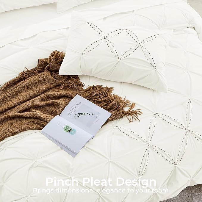 Sasttie Full Size Comforter Set, 7-Piece Bed in a Bag, Pintuck Bedding Set for All Season, Includes Comforter, Flat Sheet, Fitted Sheet, Pillowcases and Pillowshams, Ivory