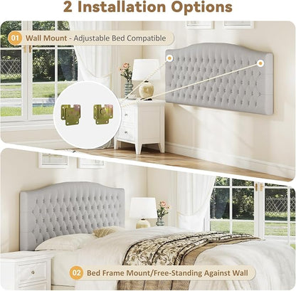 King Headboard Only, Velvet Classic Tufted Design, Light Gray | 2 installation options: 1.bed frame mount 2.wall mount (for adjustable bed), Classic hand-tufted headboard king size