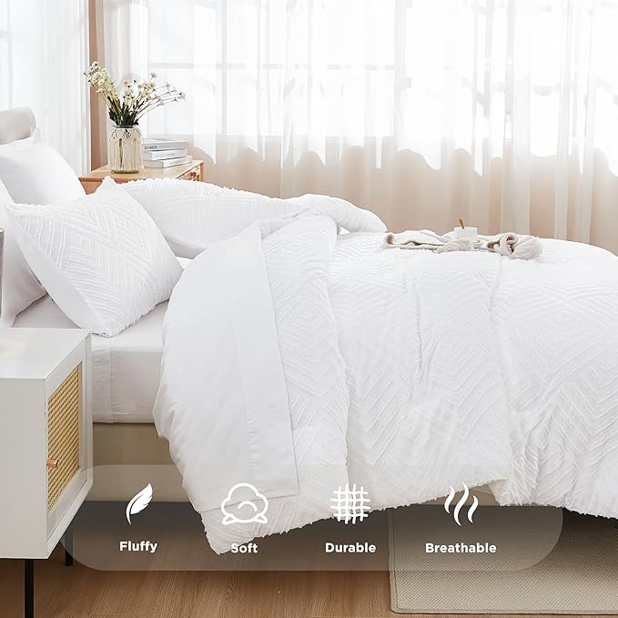 Andency White Comforter Full Size Set with Sheets - 7 Pieces Boho Bed in a Bag Tufted Bedding Sets Fluffy Lightweight Full Bed Set with Comforter, Sheets, Pillowcases & Shams for All Season